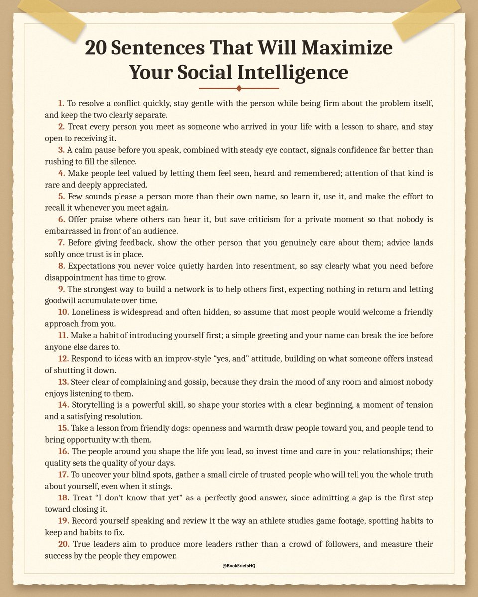 BookBriefsHQ's tweet photo. 20 Sentences That Will Maximize Your Social Intelligence https://t.co/PesphHPEKh