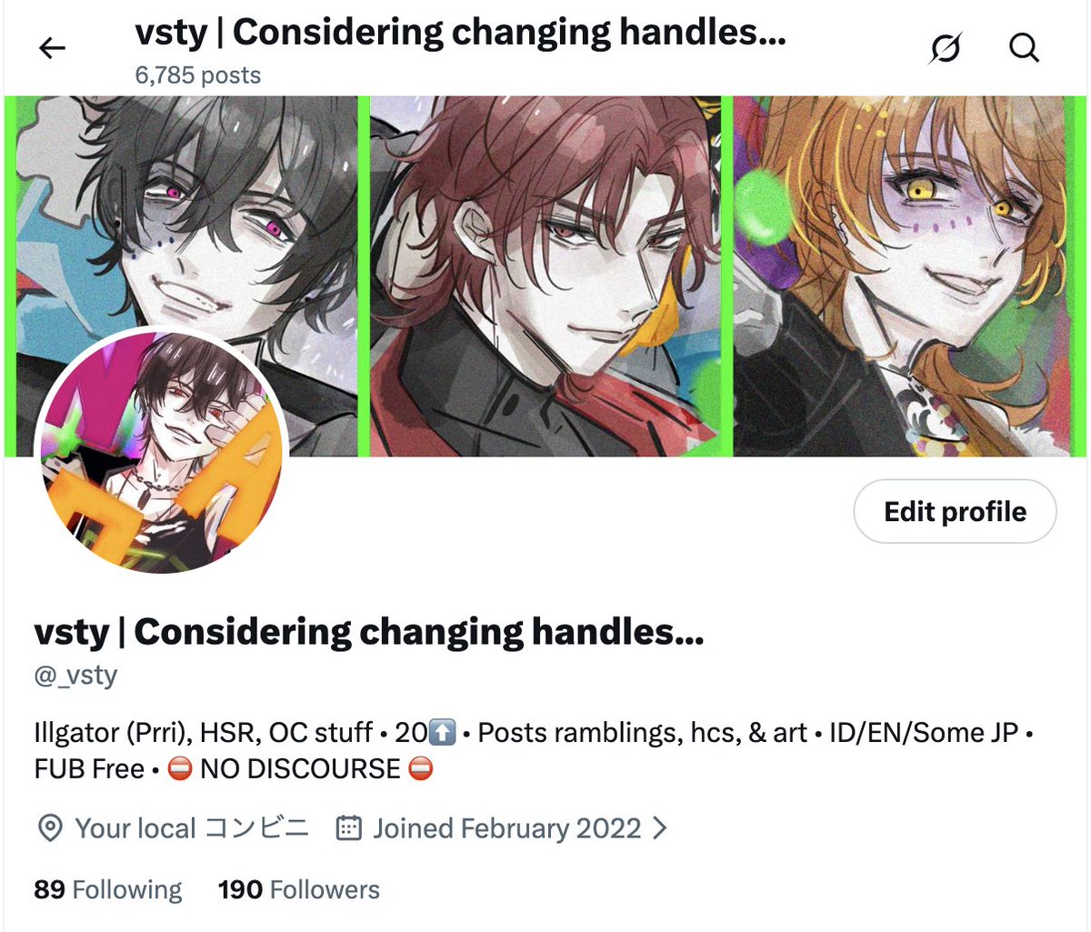 _vsty's tweet photo. Changed my banner and PF

I feel somewhat bad since I've been a VISTY acc for so long, but ILLGATOR got me in a chokehold 😞 Things might still change going forward with this acc direction, but for now, this is it I guess. https://t.co/bZExhi6TpX
