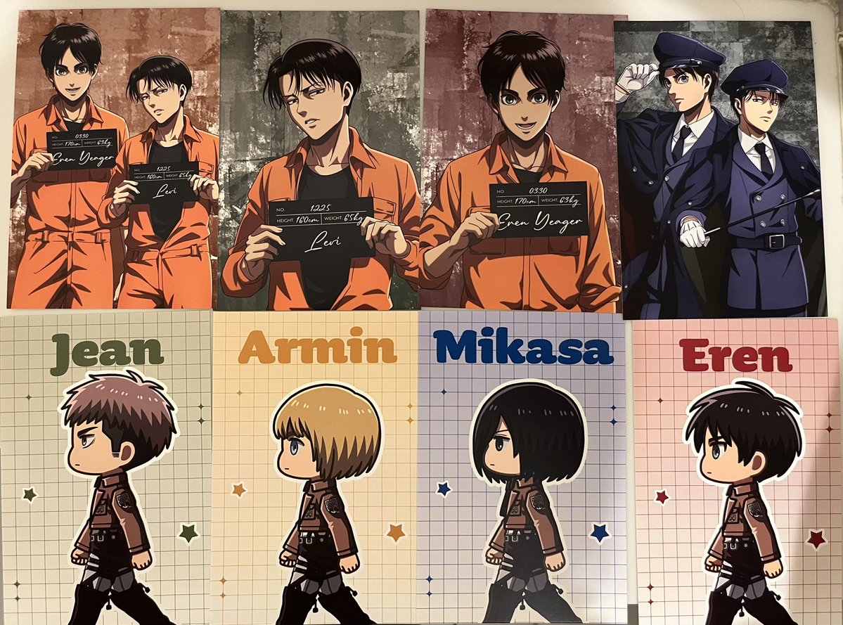 dreamgoon2's tweet photo. 【交換】進撃の巨人 アニメイト　看守・囚人ver. 店舗特典 ポストカード

譲：エレン、リヴァイ（囚人）、ジャン、アルミン、ミカサ

求：リヴァイ（ミニキャラ）、ハンジ

リヴァイ（ミニキャラ）優先で探しております。

本日池袋手渡し、後日都内手渡し

検索からもお声がけください。 https://t.co/lC7zfkMW35