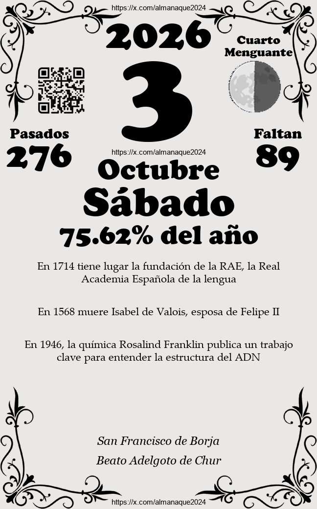 almanaque2024's tweet photo. #FelizSábado #MuyFelizSábado #BuenosDias
¡Vamos con un nuevo día!
Almanaque del Sábado 03 de Octubre, 2026
¿Esta fecha os trae algún recuerdo? ¡Compártelo!
#Diario #Calendario #Efemérides #03deOctubre https://t.co/KLdvZcRKhe