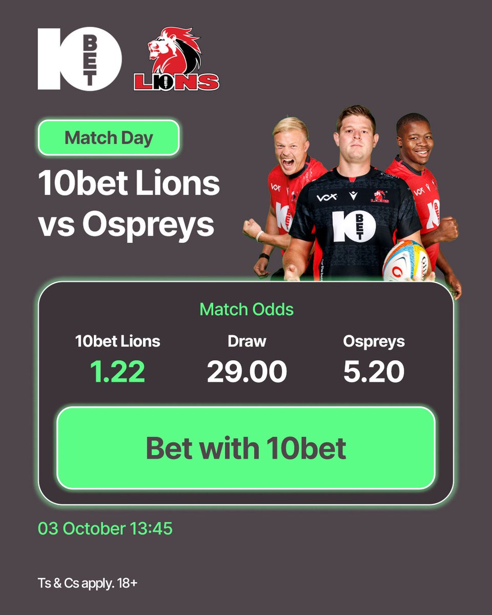10bet_ZA's tweet photo. 🏉 Match Day is Here! 🦁

The 10bet Lions are back at 10bet Ellis Park as they take on Ospreys in a crucial Vodacom URC clash.

Back the pride here 👉 https://t.co/IVwlovkxk1

 #10betLions #VodacomURC #10betEllisPark #ForTheFans🏉🦁🔥 https://t.co/AndwGhDgRE