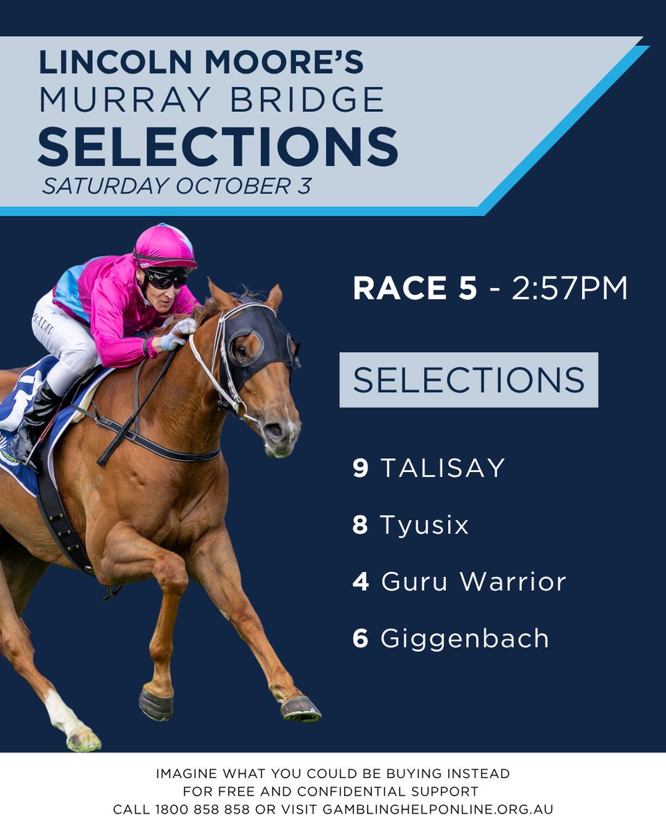 RacingSA's tweet photo. Next up at Murray Bridge is the Rural City of Murray Bridge Handicap!

Check out Linc’s selections for race 5!

Full Preview👉https://t.co/3jJn2EwckJ https://t.co/YJLZutfQCx