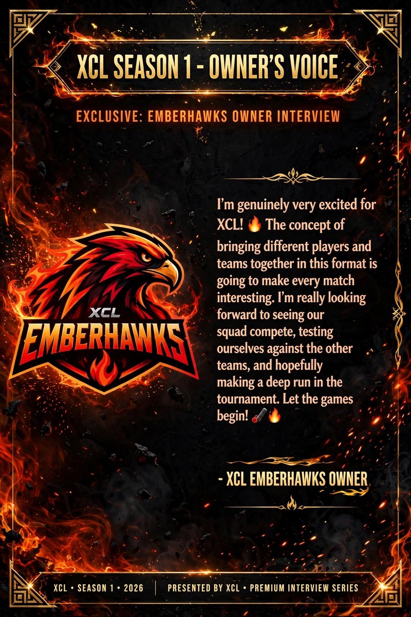 XCRICKLEA6's tweet photo. The Hawks are ready to burn! 🔥

"Hopefully making a deep run in the tournament." — @Charan7SK (EMBERHAWKS Owner 🏏)

#XCL #Season1 #Emberhawks https://t.co/W94qq8rduL