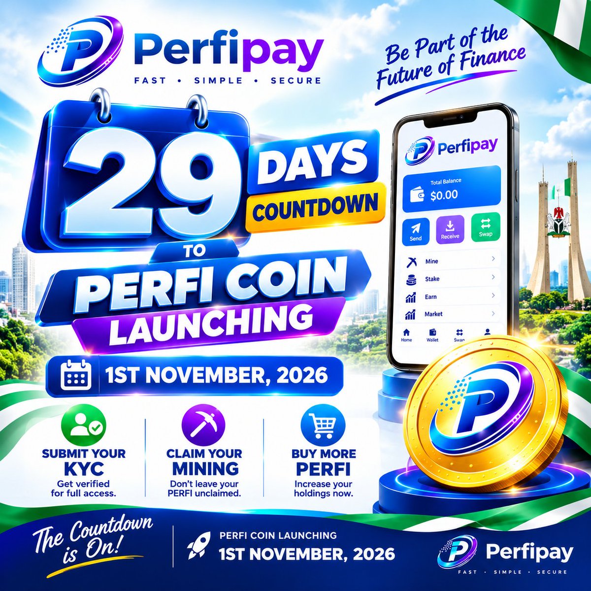 Perfipay's tweet photo. 🚀 29 DAYS TO PERFI COIN LAUNCH! ⏳
📅 November 1st, 2026
✅ Submit your KYC
⛏️ Claim your mining
💎 Buy more PERFI
🔥 The countdown continues! Get ready for PERFI.
#PERFI #PERFIPAY #PERFICoin #29DaysToLaunch #November1st2026 https://t.co/z0eEhSVcWh
