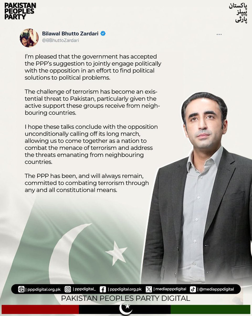 Shahzaib63680's tweet photo. چیئرمین پیپلز پارٹی بلاول بھٹو زرداری کا پیغام:
مجھے خوشی ہے کہ حکومت نے پیپلز پارٹی کی اس تجویز کو قبول کر لیا ہے کہ سیاسی مسائل کا سیاسی حل تلاش کرنے کی کوشش میں اپوزیشن کے ساتھ مل کر سیاسی سطح پر بات چیت کی جائے۔
@BBhuttoZardari 
@MediaCellPPP 
@PPP_Org https://t.co/f4hyNv99py