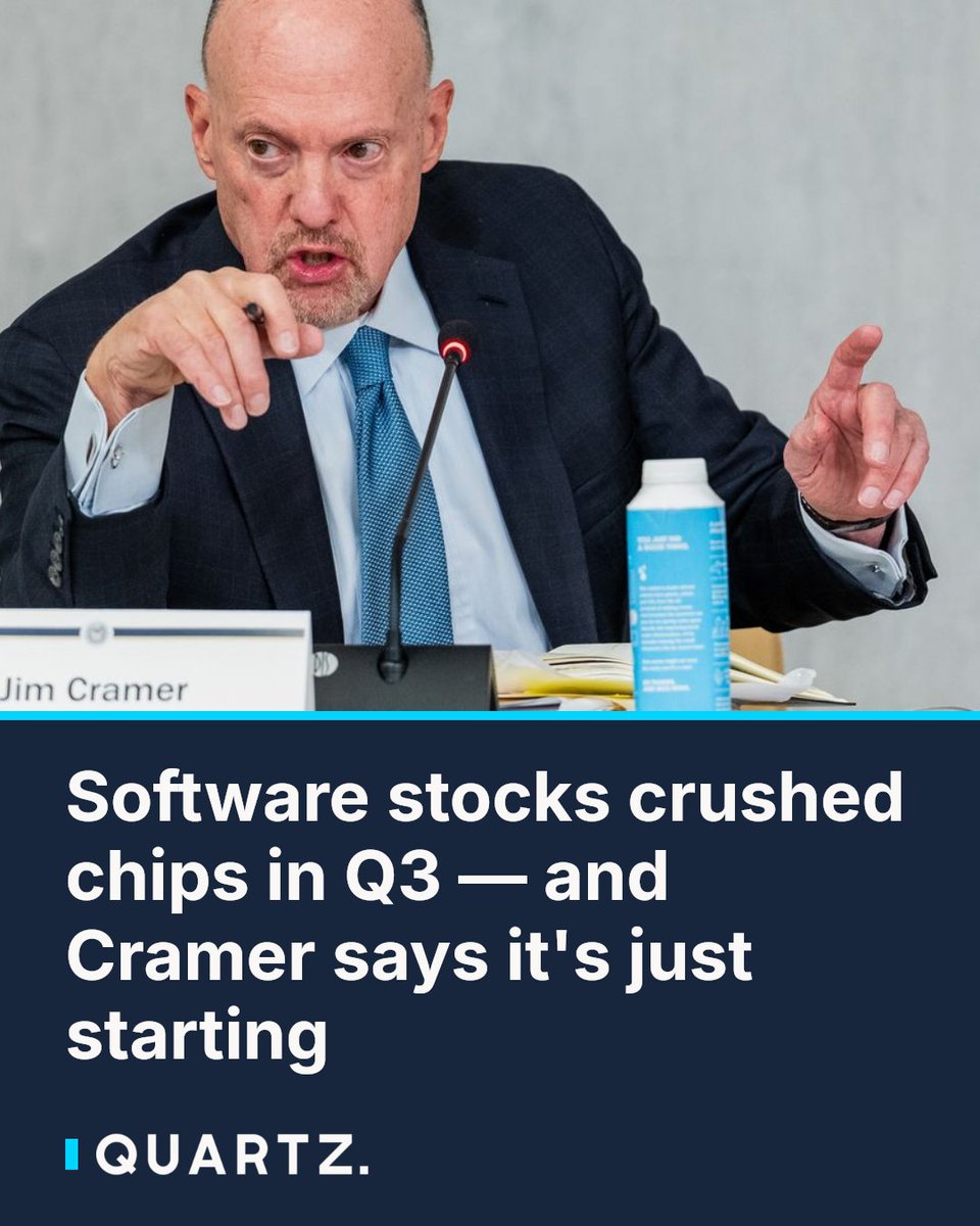 qz's tweet photo. Software stocks crushed chips in Q3 — and Cramer says it's just starting: Enterprise software quietly had a monster quarter, gaining 17% while semiconductors slid 11% — with Salesforce up 46% and Workday surging 55% as AI fears flipped… dlvr.​it/TVlqPT #SoftwareStocks #JimCramer https://t.co/1R0MarXbUs