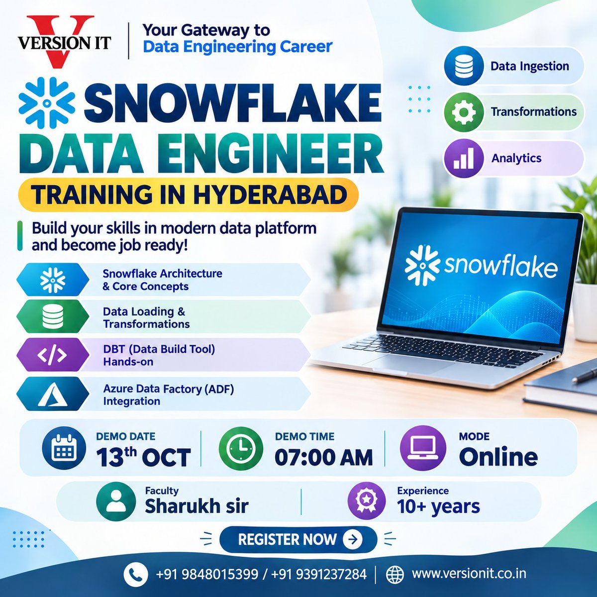 VersionitCloud's tweet photo. 🚀 Snowflake Data Engineer Training in Hyderabad!
📅 13th Oct | ⏰ 07:00 AM | 🌐 Online
👨‍🏫 Sharukh Sir | 10+ Years Experience
📞 +91 9848015399 / +91 9391237284
🌐 https://t.co/SKrgb9eJHP
#Snowflake #DataEngineering #DBT #VersionIT https://t.co/QVwCVhj93O