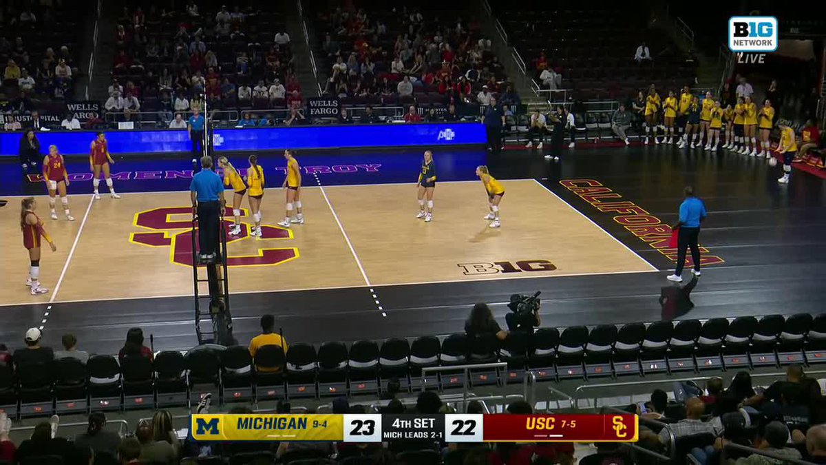A women's volleyball match between Michigan and USC, with Michigan leading 23-22 in the 4th set, shown on the Big Network.