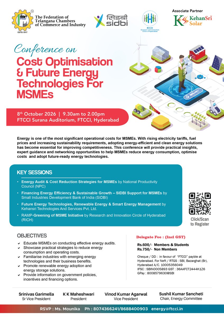 FTCCI's tweet photo. @FTCCI is organizing a conference focused on cost optimisation and future energy technologies for MSMEs, exploring practical approaches to improving efficiency and adopting emerging energy solutions.

Register: https://t.co/aqKBWGt8xf

#MSME #EnergyEfficiency #CostOptimisation https://t.co/AMWfiIwpWk
