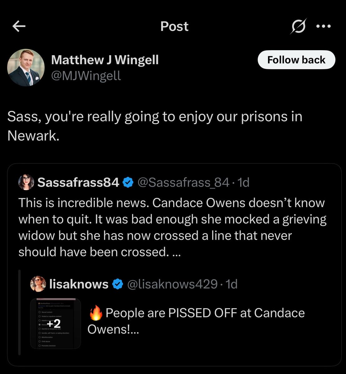 Sassafrass_84's tweet photo. I won’t be the one sitting in prison. Can’t wait to see what happens to Candace with all those lawsuits though. 💅🏻

Your page is absolutely volatile. https://t.co/lgobBUSUYX