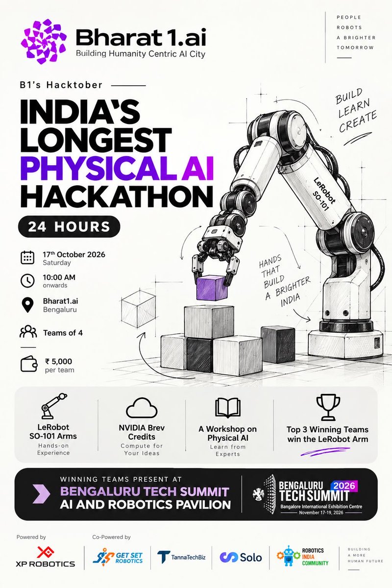 Get_SetRobotics's tweet photo. Excited to see Get Set Robotics bringing builders together for B1’s Hacktober — Physical AI 2026!

24 hours to build, experiment, and push real-world robotics forward.

Looking forward to seeing what the teams create!

#PhysicalAI #Robotics #LeRobot #GetSetRobotics https://t.co/Vd61miU3Xo