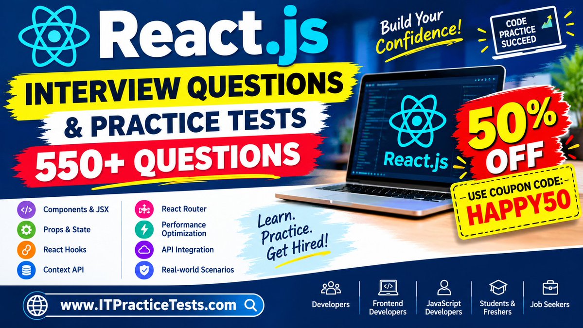 TeacherSoniya's tweet photo. 🚀 Preparing for a React.js interview?

🎁 50% OFF — HAPPY50

🌐 https://t.co/FKSrLhK54V

👉 https://t.co/rd6hho4Cqj

#ReactJS #React #JavaScript #ReactInterview #CodingInterview #FrontendDeveloper #WebDevelopment #ITPracticeTests https://t.co/bL9xpcM9Ze