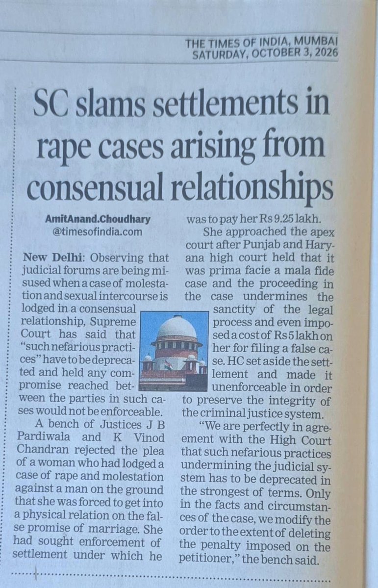 DeepikaBhardwaj's tweet photo. Madam wanted 9 Lacs for a "Rape"

High Court slapped a fine on her for 5 Lacs for filing a False cases

Supreme Court upholds the fine 

HAIL JUSTICE PARDIWALA AND JUSTICE CHANDRAN 

EXACTLY WHAT NEEDS TO BE DONE WITH THESE FALSE CASE FILERS !!!

SO HAPPY 😊 https://t.co/UxANeXAZQC