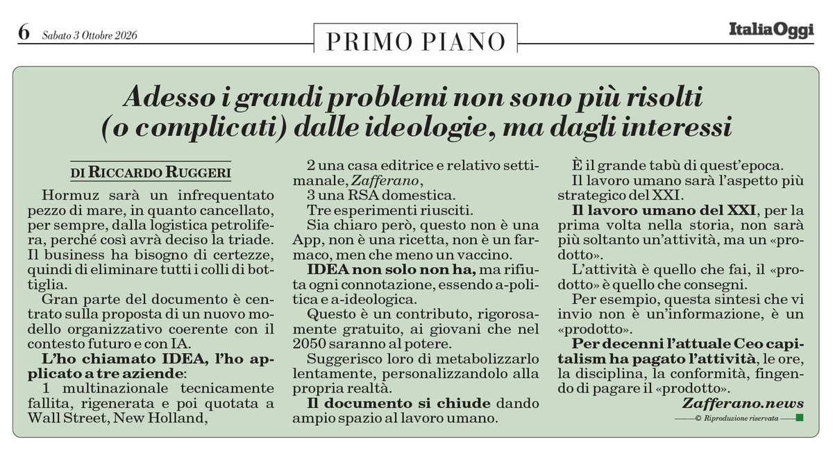 editoreruggeri's tweet photo. Adesso i grandi problemi non sono più risolti
(o complicati) dalle ideologie, ma dagli interessi