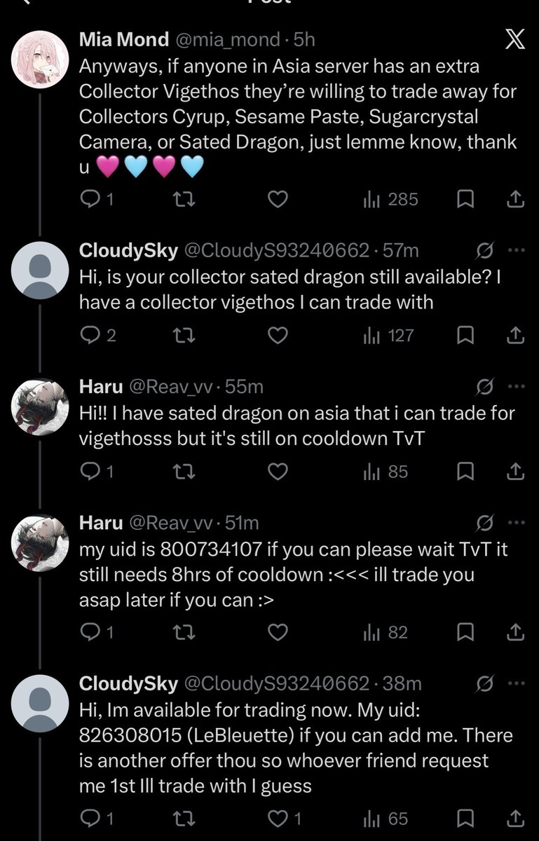 mia_mond's tweet photo. (Using the start of my villain arc for sympathy)

If anyone in Asia server has an extra Collector Vigethos they’re willing to trade away for Collectors Cyrup, Sesame Paste, Sugarcrystal Camera, or Sated Dragon, just hmu! 🩷🩵🩷🩵

Also please give me a chance to reply, thank you! https://t.co/w5mFvKOEUm