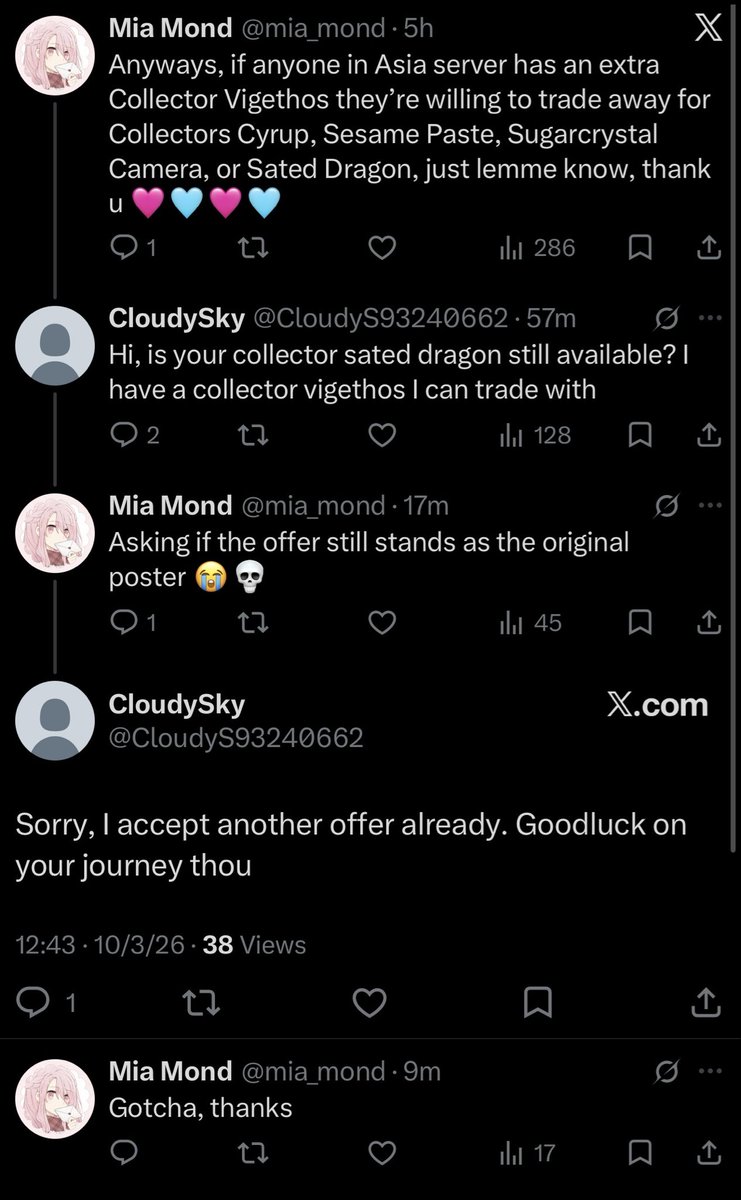 mia_mond's tweet photo. (Using the start of my villain arc for sympathy)

If anyone in Asia server has an extra Collector Vigethos they’re willing to trade away for Collectors Cyrup, Sesame Paste, Sugarcrystal Camera, or Sated Dragon, just hmu! 🩷🩵🩷🩵

Also please give me a chance to reply, thank you! https://t.co/w5mFvKOEUm