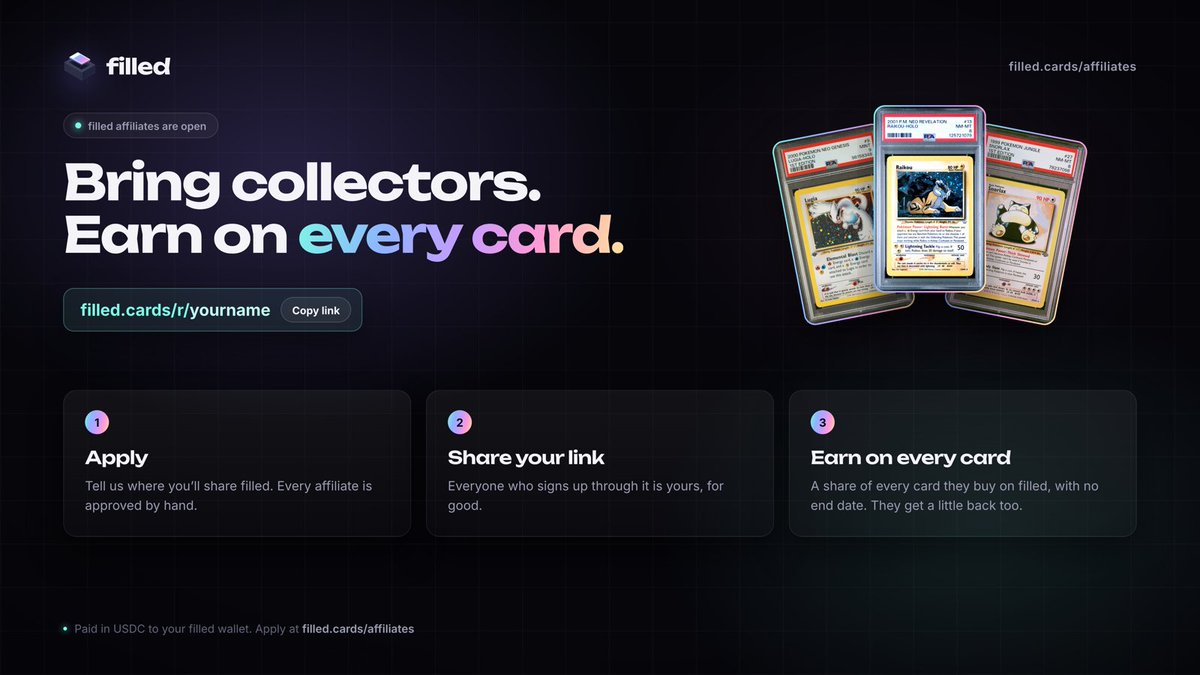 filledcards's tweet photo. Affiliates are open.

Apply, get your own link, and earn on every card the people you bring buy on filled. 

They get a little back on every card too.

https://t.co/sphxUXvDkP https://t.co/LKIYSLy0og