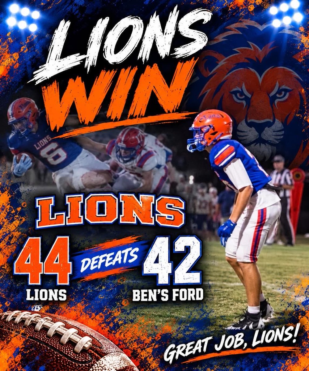 DCSLions's tweet photo. Coming from behind, the Lions battled all the way to the final seconds and pulled out an incredible victory over Ben’s Ford!

With a touchdown pass in the final seconds, the Lions completed the comeback and secured the win. What a way to finish the job!

#FN5GL #Entry #TMobile https://t.co/DVcEldkZkX