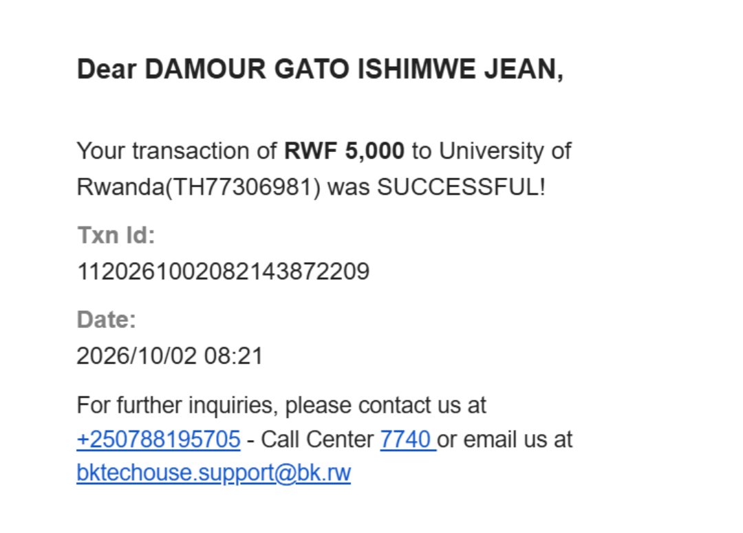 ErnestubaRwanda's tweet photo. Mwaramutse neza @Uni_Rwanda ! Kuva ejo mu gitondo 08h21 AM nishyuye application fee ariko payment ntigaragara muri system kugira ngo nkomeze na steps zikurikira mu kwiyandikisha muri UR.
Mudufashe rwose deadline itadufata kandi twarishyuye Ku gihe.

Murakoze cyane.
@KabagambeI https://t.co/9T3lsscwFF