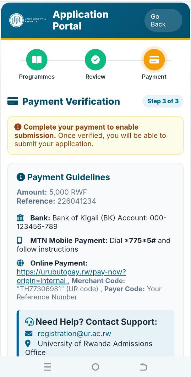 ErnestubaRwanda's tweet photo. Mwaramutse neza @Uni_Rwanda ! Kuva ejo mu gitondo 08h21 AM nishyuye application fee ariko payment ntigaragara muri system kugira ngo nkomeze na steps zikurikira mu kwiyandikisha muri UR.
Mudufashe rwose deadline itadufata kandi twarishyuye Ku gihe.

Murakoze cyane.
@KabagambeI https://t.co/9T3lsscwFF