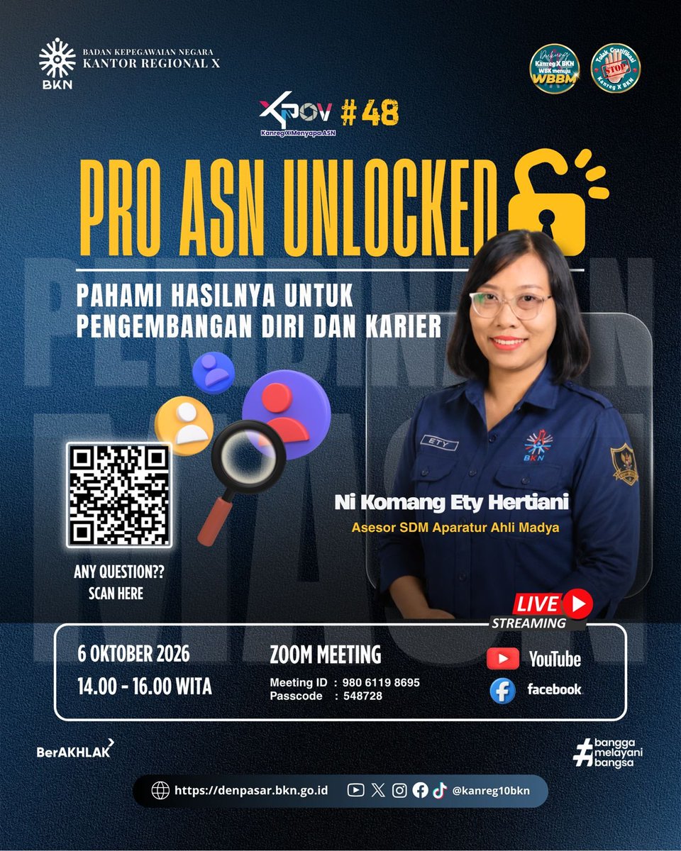 kanreg10bkn's tweet photo. Sudah ikut Profiling ASN, tapi masih bingung bagaimana memahami hasilnya?
Saatnya unlock hasil Profiling ASN dan kenali lebih dalam potensi, kompetensi, serta area pengembangan diri yang dapat menjadi bekal dalam perjalanan karier sebagai ASN.
#UnlockYourPotential https://t.co/OUjNSDoQLp