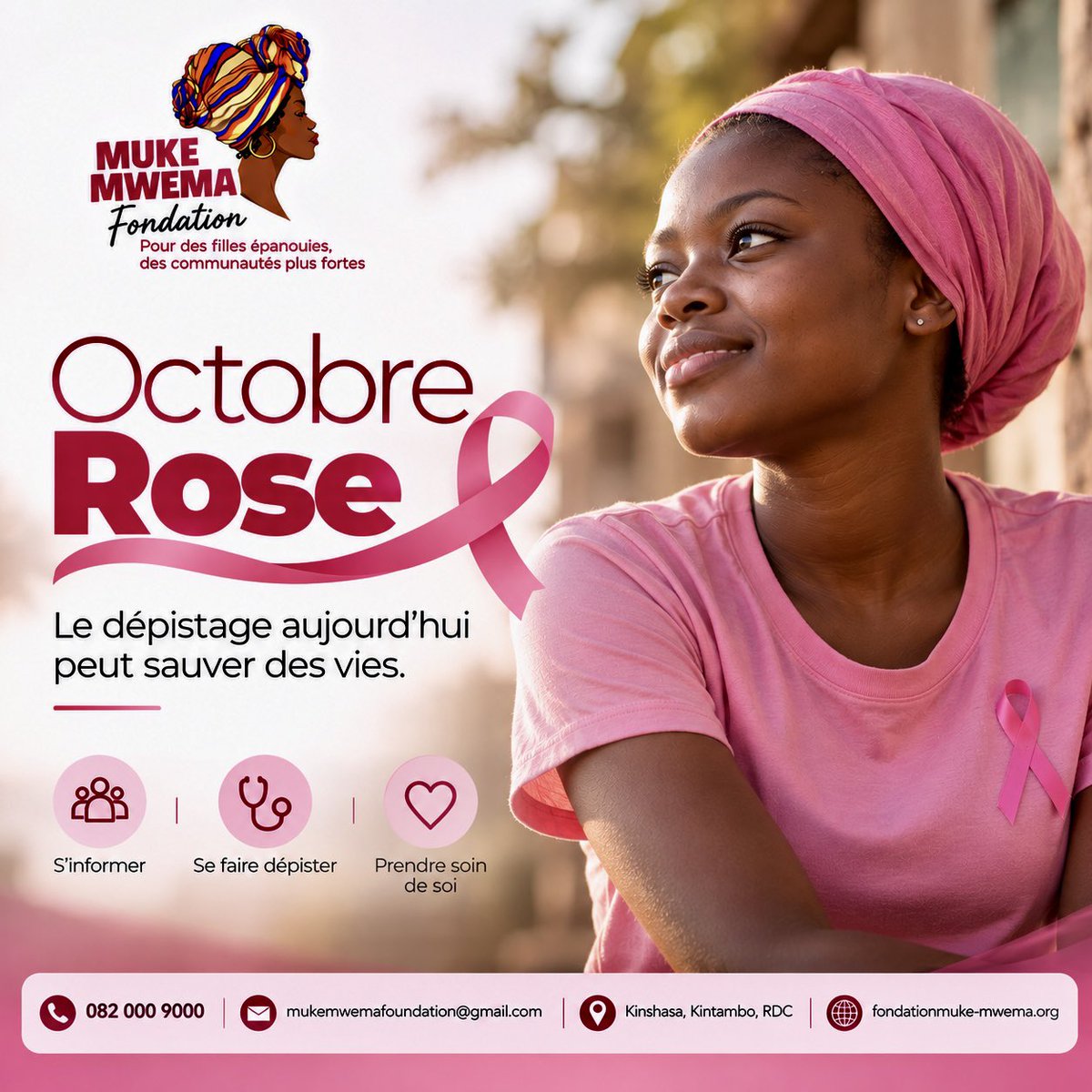muke_mwema's tweet photo. 🎀 Octobre Rose: S’informer, Se faire dépister et Prendre soin de soi.

Prenons soin de nous et encourageons celles qui nous entourent à en faire autant.

📞 082 000 9000
📧 mukemwemafoundation@gmail.com
📍Kinshasa, Kintambo

#OctobreRose #CancerDuSein #Dépistage #MUKEMWEMA https://t.co/Mt0TdqQxxu