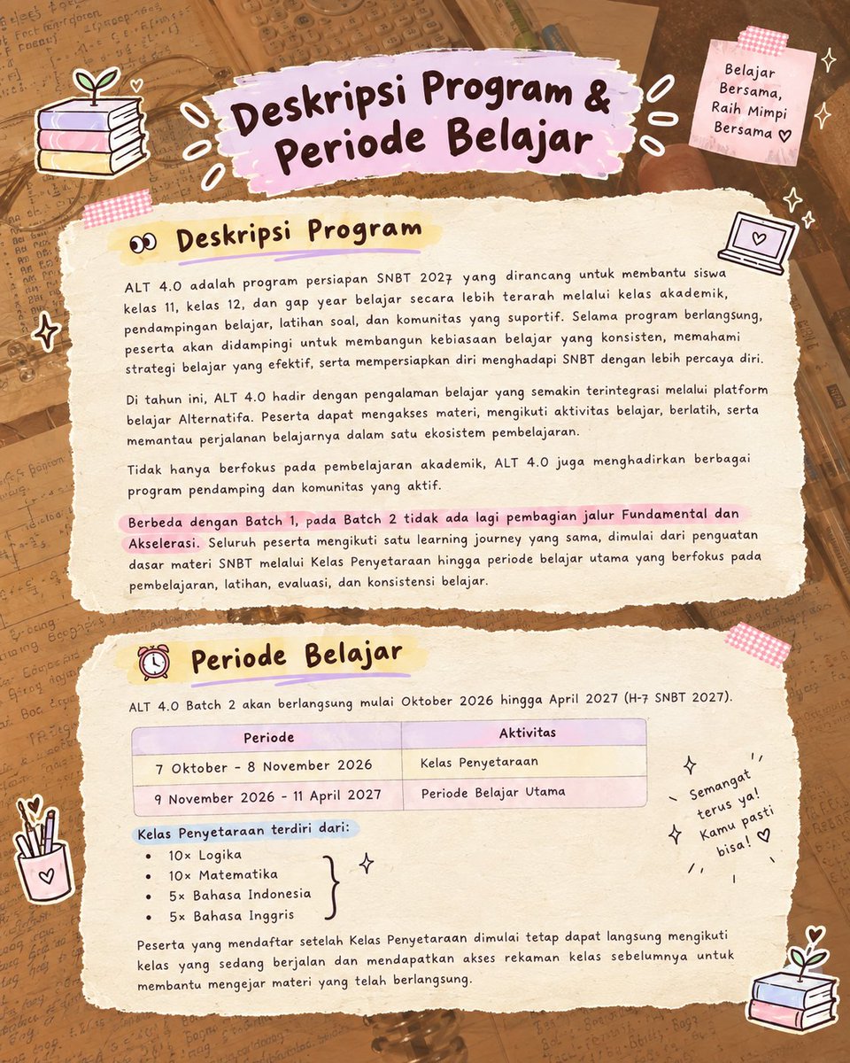 echaanary's tweet photo. Selamat siang, teman timun! #studytwt
Pejuang PTN 2027, udah siap kenalan sama ALT 4.0 Batch 2? 🫵🏻📚✨

Detailnya udah aku rangkum di thread ini! Kalau ada yang mau ditanyain soal ALT 4.0 atau SNBT, langsung DM aku yaa 💌
#alterianstory #alternatifa #mimpikitaberharga #SNBT #TKA https://t.co/MwkIJkHyLA