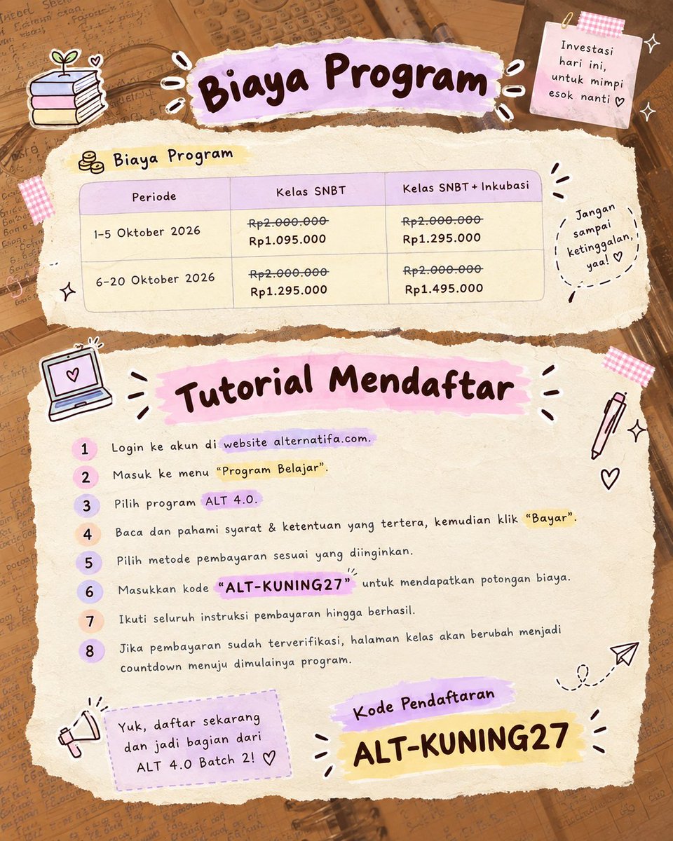 echaanary's tweet photo. Selamat siang, teman timun! #studytwt
Pejuang PTN 2027, udah siap kenalan sama ALT 4.0 Batch 2? 🫵🏻📚✨

Detailnya udah aku rangkum di thread ini! Kalau ada yang mau ditanyain soal ALT 4.0 atau SNBT, langsung DM aku yaa 💌
#alterianstory #alternatifa #mimpikitaberharga #SNBT #TKA https://t.co/MwkIJkHyLA