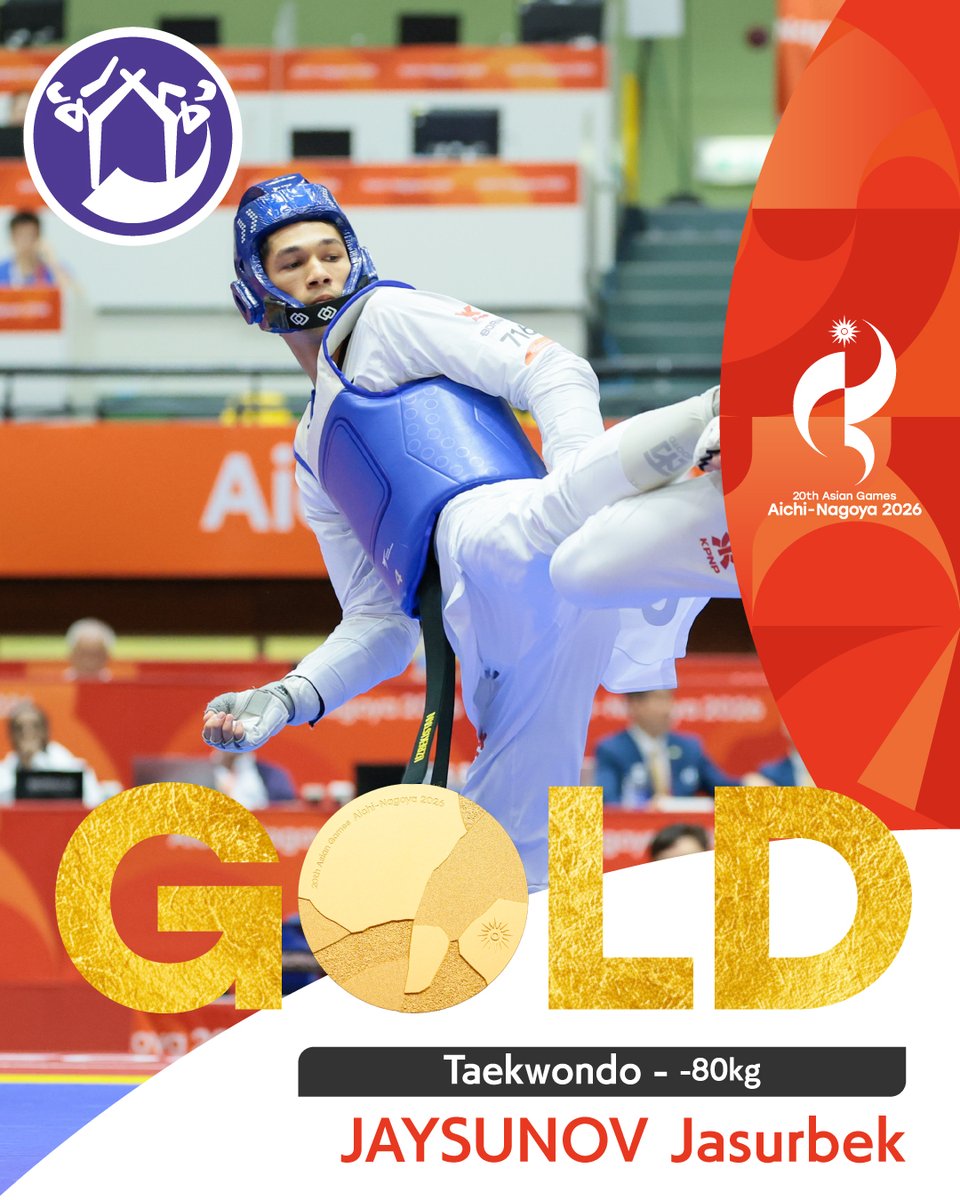 AsianGames_2026's tweet photo. ／
🥇金メダル！ ✨
＼
━━━━━━━━━━━
Taekwondo | Men -80kg
━━━━━━━━━━━

Uzbekistan | JAYSUNOV Jasurbek wins gold! 🥇✨
Congratulations🎉

#アジア競技大会 #愛知名古屋2026 https://t.co/2k1U2TsfRX