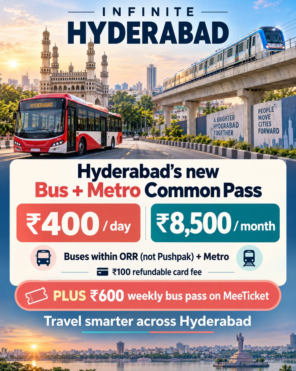InfiniteHyd's tweet photo. Hyderabad's new Bus + Metro Common Pass

₹400/day or ₹8,500/month
Buses within ORR (not Pushpak) + Metro
₹100 refundable card fee
Plus ₹600 weekly bus pass on MeeTicket.

Good deal or not? 

#Hyderabad #TGSRTC #Metro https://t.co/nxrxIK8gqN