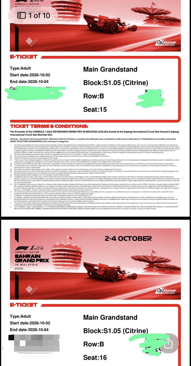 nazbartows's tweet photo. Letting go 10 tickets F1 Bahrain GP in Sepang 
Side by side seating, ten tickets in a row 
📅 Saturday &amp; Sunday (3 &amp; 4October 2026)
📍 Main Grandstand South (Citrine S1.05 - Row B - Seat 15-24)
💰 RM2,500.00 per ticket
📌 COD or E-Ticket will be send
First come, first served! https://t.co/Ff1CLsC6vV
