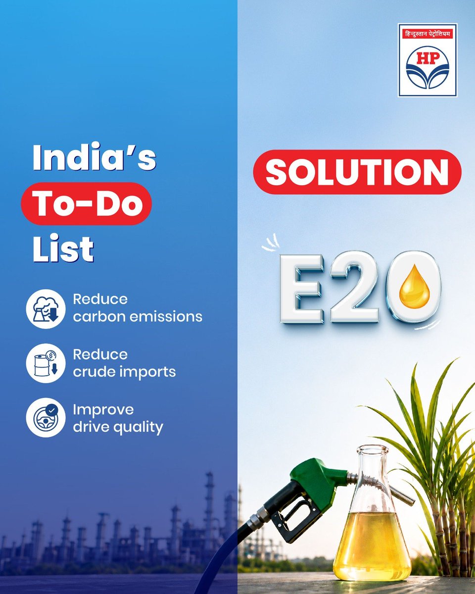 HPCL's tweet photo. When it comes to building a more sustainable energy future, every check counts.   

India’s journey towards greater energy security and a cleaner tomorrow is already underway, with ethanol playing a key role in this transformation.  

The Ethanol Blended Petrol initiative brings together benefits for motorists, the economy and the environment, while supporting a stronger domestic energy ecosystem.  

With E20 now making its mark, the road ahead is powered by purposeful progress and a greener vision for the nation. 

@HardeepSPuri @PetroleumMin @TheSureshGopi @Secretary_MoPNG @neerajmittalias 
 
#HPCL #E20 #EthanolBlending #CleanFuel #E20Facts #AatmanirbharBharat