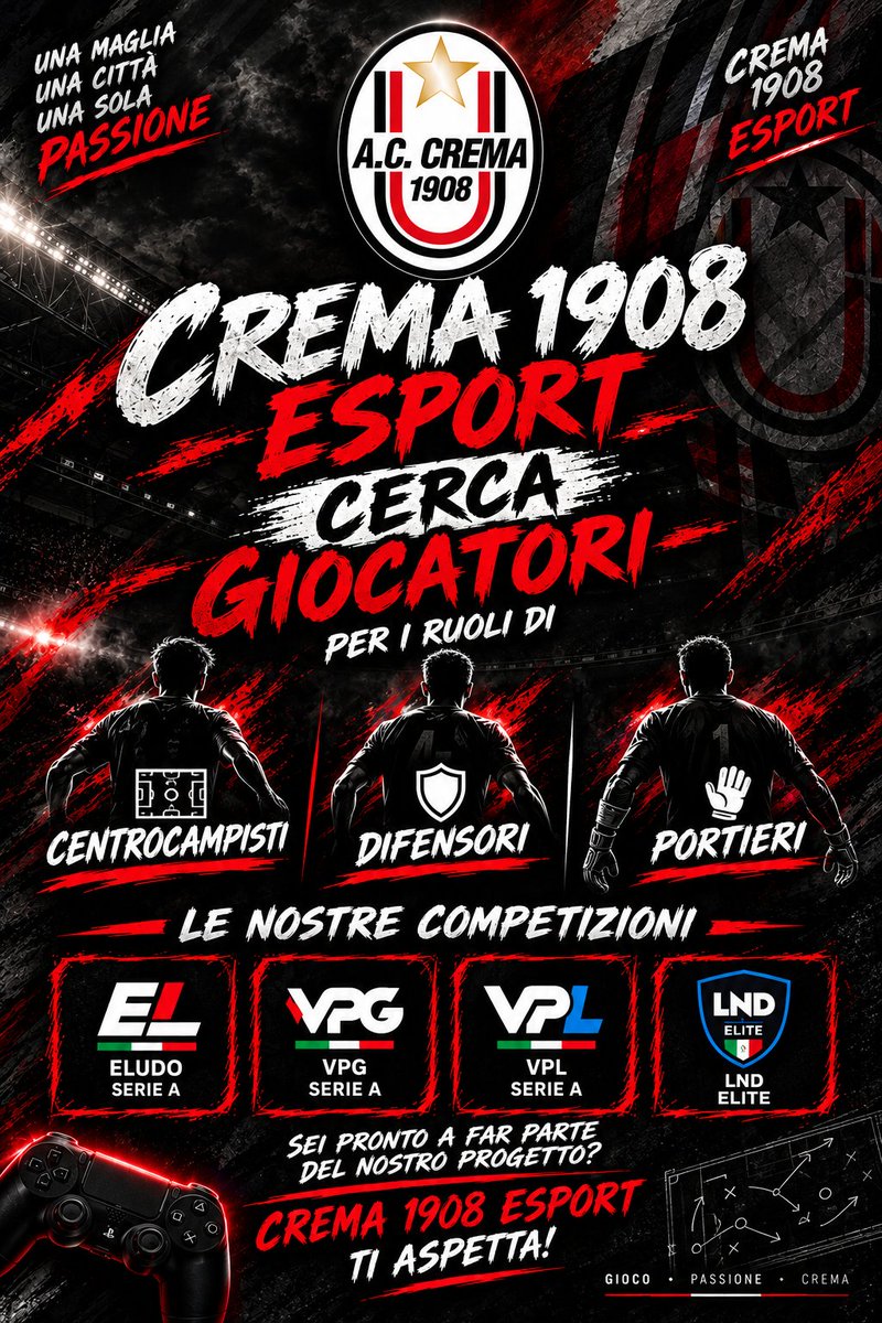 ACCrema1908's tweet photo. ⚪⚫️ AC Crema 1908⚪️⚫️

Per la prossima stagione siamo alla ricerca di giocatori FC27 con esperienza in Serie A, in grado di rinforzare la rosa e contribuire ad alzare il livello della squadra.(no gira club)

📩 Per informazioni o candidature: DM a @Tigro94lola oppure @X_gabry_8 https://t.co/3gBUxMyEFa