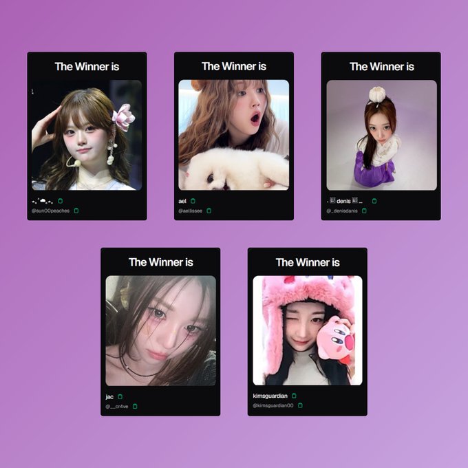 A purple graphic displays a 'The Winner is' announcement showcasing five different individuals' photos with usernames like '@sun00peaches', '@aellissee', '@_denis.danie', '@___cfech', and '@kimsguerdian00'.
