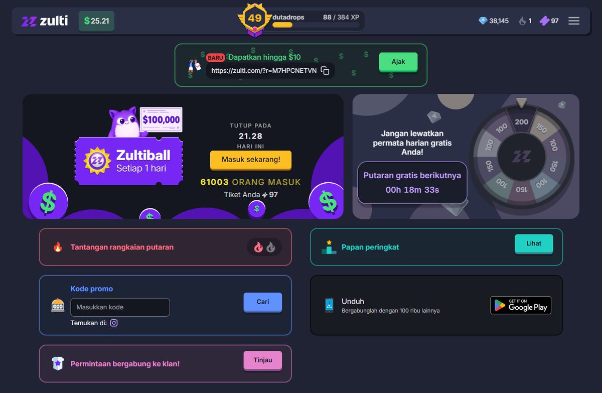 dutadrops's tweet photo. 📰 UPDATE | ZULTI

Btw kalo ada yang mau join ke "Clan Zulti" bisa gabung di sini bang.

┣ Gabung Clan : https://t.co/9znwr5VrVg
┣ Name clan : BONGKAR

Dan kalo belum daftar bisa daftar dulu gratis juga bisa di manfaatkan peluang nya.

┣ Daftar Zulti : https://t.co/8UnRIapIiC

Btw untuk minimal WD nya $37 bang jadi kalian mainkan aja game nya dulu dan gunakan diamond nya buat explore more game.