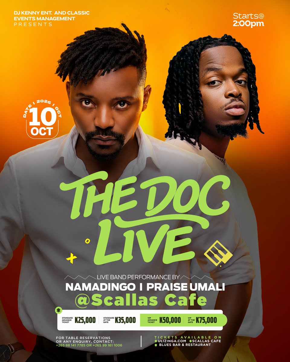 Atatepanda's tweet photo. Namadingo & Praise Umali will share the stage at Scallas café🔥🔥🔥
10 October 2026
https://t.co/qD0Ewes066
#ScallasCafé #TheDocLive #Namadingo https://t.co/1xtqj4qcEX