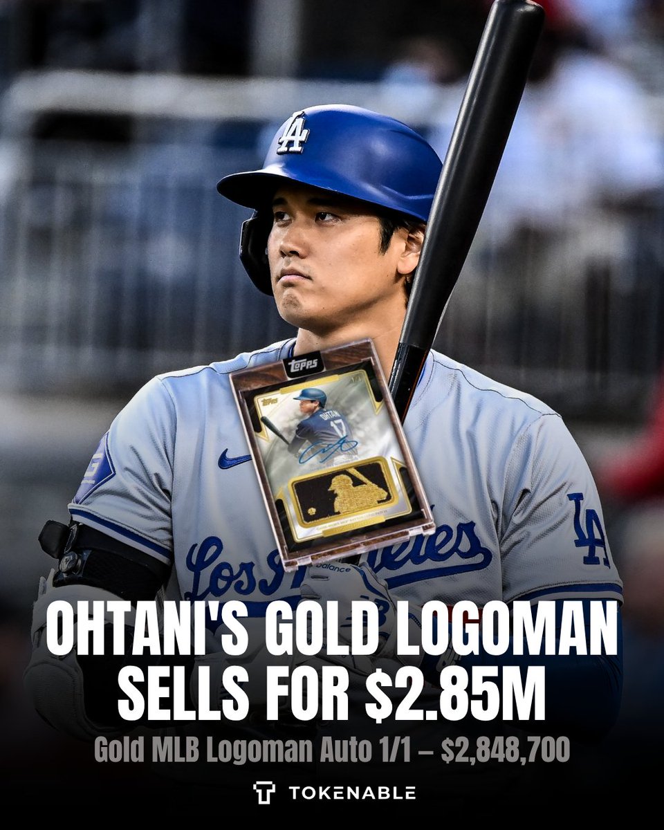 tokenable_io's tweet photo. Shohei Ohtani has added another multimillion-dollar asset to his collectible market.
His 2026 Topps Chrome Gold MLB Logoman Autograph 1/1 sold for:
$2,848,700.

The card combines Ohtani's autograph with a game-worn gold MLB batter-logo patch and was the dominant result in Goldin's Monthly Sports Elite auction.

But there's one unusual detail:
The $2.85M asset sold as an unused redemption card.

The buyer can redeem it through Topps for the finished physical 1/1. Polkastarter
That makes the transaction especially interesting from an asset-structure perspective.

The market was willing to commit nearly $3M before the final physical collectible was even in the buyer's hands.

At this level, collectors aren't simply pricing cardboard.

They're pricing player IP + scarcity + provenance + authenticated future ownership of a specific asset.