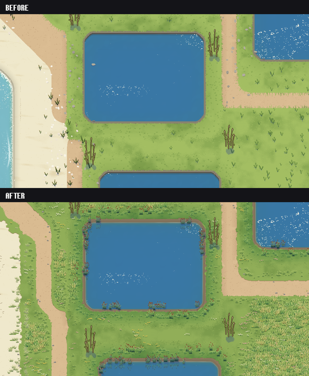 EshaleGames's tweet photo. 島の草とかいじったらだいぶそれっぽくなってきた！

#gamedev #indiedev #ゲーム制作 #pixelart https://t.co/vJBXhSWUmp