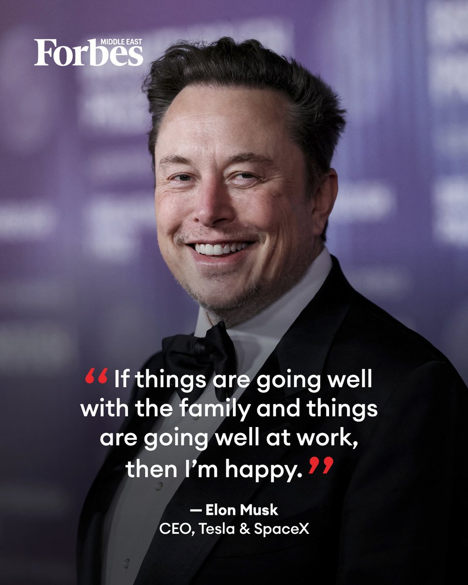 Forbes_MENA_'s tweet photo. Behind a fortune of $984.1 billion and a business career spanning Tesla, SpaceX, and xAI, Elon Musk points to a far simpler measure of happiness: things going well at home and at work.

The world’s richest person has cofounded seven companies, with most of his fortune tied to SpaceX and, to a lesser extent, Tesla. Musk owns 38% of SpaceX, including options, and nearly 11% of Tesla, which he has led as CEO since 2008.

#Forbes