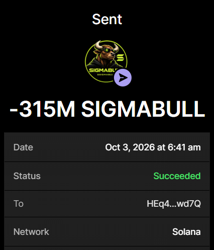 SigmaBullSol's tweet photo. 315M $SIGMABULL Successfully purchased ✅

Buy now before the presale ends

Send SOL To Presales Wallet:
EB6HcbQXufnxCeRxfJkngw4pNnbc5Ymwh5usGVmrngAH
 
Txn: https://t.co/jqZ7odwFdU

Min buy: 0.2 SOL Max: 10 SOL

0.2 SOL → 40,000,000 $SIGMABULL
0.5 SOL → 100,000,000 $SIGMABULL
1 SOL → 210,000,000 $SIGMABULL

Retweet & Drop SOL Address