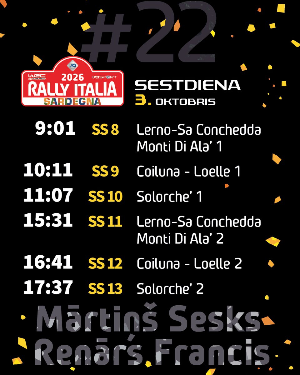 LVRally's tweet photo. Rally Italia Sardegna sestdiena būs garākā no četrām rallija dienām - seši ātrumposmi, kuru sportiskā distance sasniegs 123,66km. Arī šodien starp vadošajām #Rally1 mašīnām noteikts 4min intervāls, bet liepājnieki Sesks / Francis ātrumposmos startēs otrie.
#WRC #RallyItaliaSardegna