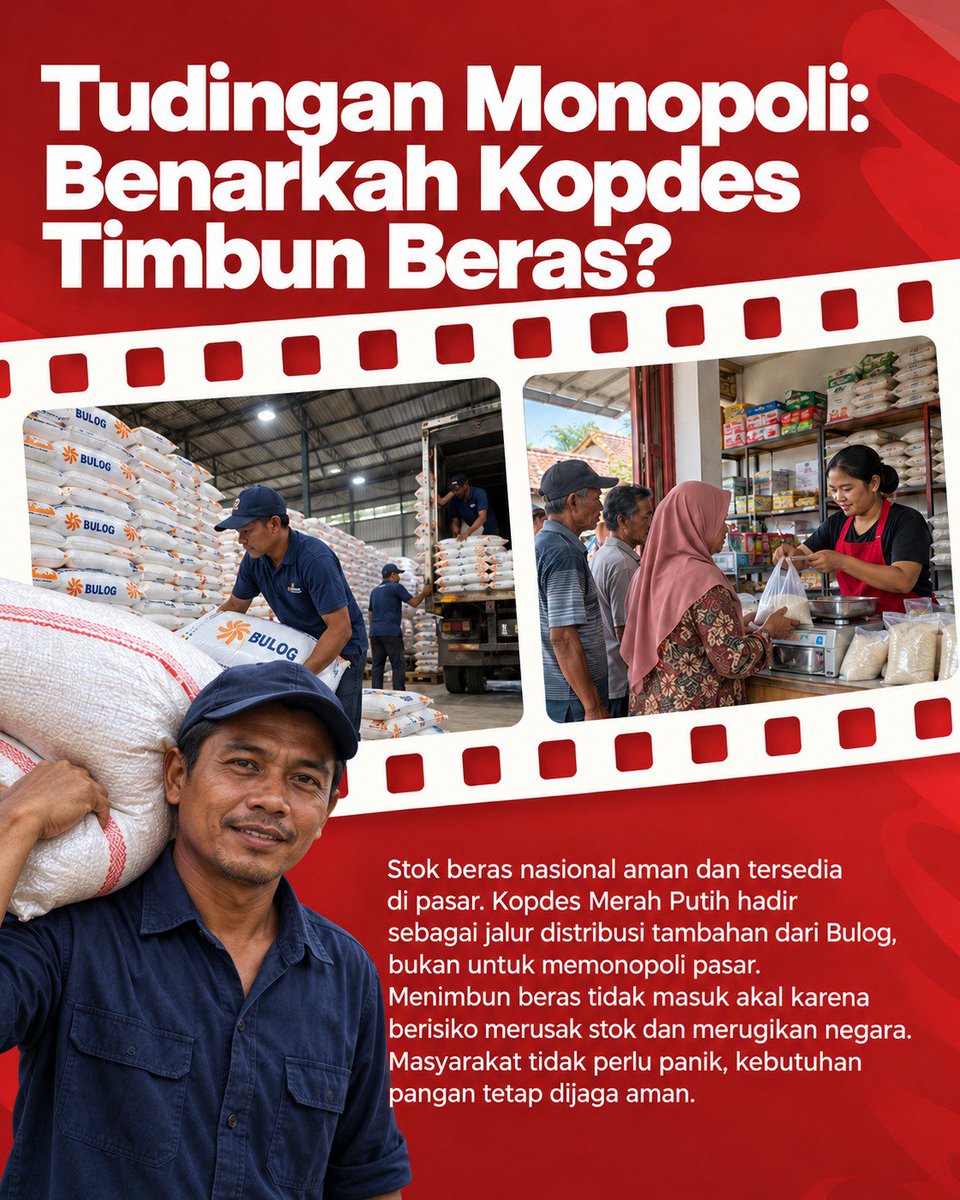 ismailekan's tweet photo. Kopdes Merah Putih bukan hadir untuk menimbun atau memonopoli beras. Perannya justru membantu memperluas distribusi agar pasokan pangan tetap terjaga dan mudah dijangkau masyarakat.

#KDMPJagaPangan https://t.co/DR2ypw7pHf