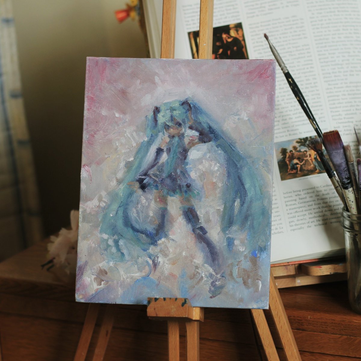 midinette222's tweet photo. Hatsune Miku Oil on canvas https://t.co/T1BmjJe9wj
