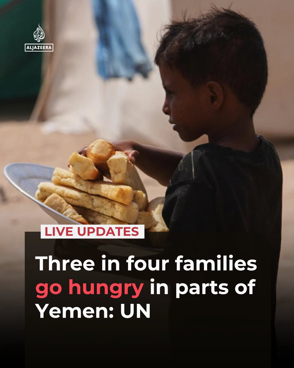 AJEnglish's tweet photo. Three out of four families in parts of Yemen are going hungry after fighting has displaced tens of thousands of people and disrupted food supplies, the UN’s World Food Programme (WFP) says.

🔴 LIVE updates: https://t.co/SyBWtuKpmS https://t.co/hGhqZtfOEb