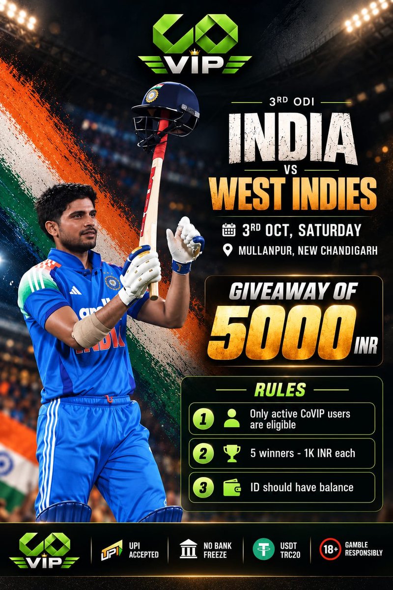 Scoopshott's tweet photo. 5,000₹  GIVEAWAY,  CoVIP × ScoopShot 💸🚨

🇮🇳 IND vs WI 3rd ODI, TODAY

Predict BOTH correctly to WIN 🏆

1️⃣ Virat 50+ - YES/NO
2️⃣ WI 60.5 in 10 overs - YES/NO

ONLY active @CoVipBook users with balance in ID are eligible

✅ Follow @CoVipBook
✅ Like & Repost
✅ Comment BOTH predictions

🏆 Prize to be added in winning IDs after confirmation

No CoVIP ID? Get one 👇🏻
https://t.co/m33YnE59mR

⏰ Entries close at the start of match