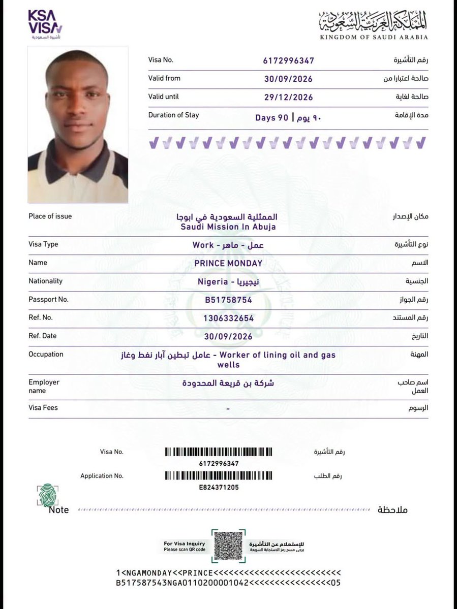daddyopm's tweet photo. Since yesterday we have been searching for this young man.
He was successful in the interview.
This is his visa and the flight ticket has also been paid but my staff said he is unreachable.
Share until it reaches someone that knows him https://t.co/afi3VSBkod