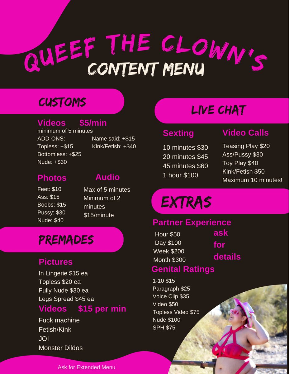 QueeftheClown's tweet photo. Content Menu

★ adult content ★ NSFW ★ cam model ★ sexting ★ custom content ★ premade ★ fuck machine ★ 80+ toys ★ Queef the clown ★ https://t.co/vcQ9zVTRPO