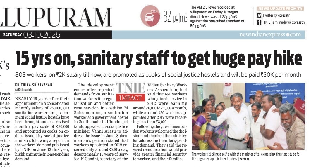 krithika_writes's tweet photo. #TNIEImpact: 
Nearly 15 years after their appointment on a consolidated monthly salary of Rs 2,000, 803 sanitation workers in government social justice hostels have been brought under a revised monthly pay scale of Rs 30,000 and appointed as cooks on orders issued by the Social Justice Ministry, (@OffVanniArasu) following a report on the workers’ demand published by TNIE on June 13 this year. 

Read: 
https://t.co/0vhY7X22Di

@xpresstn @NewIndianXpress
