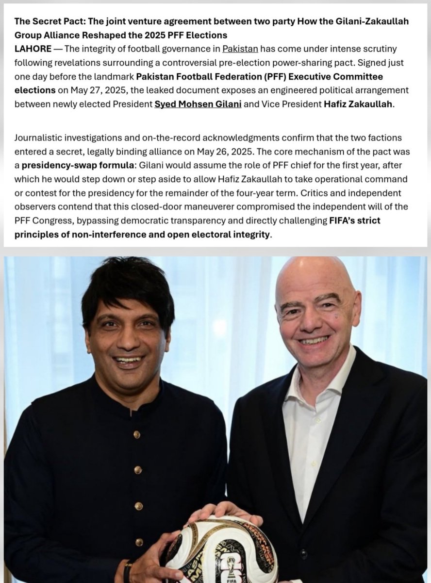 SaddamSH17's tweet photo. Pakistan #Football Federation President Mohsin Gillani
Remarkable election victory,#FIFA President #GianniInfantino is looking to adopt the same winning formula for 2027 FIFA Presidential Elections in Morocco.β½οΈπ³πβ€΅οΈ #FootballLeaks #FreeAndFairelections #PakistanFootball #PFF https://t.co/HrXcd4BMwN