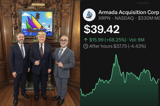 A composite image showing an illustration of three men in suits (appearing to resemble Howard Lutnick, Donald Trump, and another business figure) standing in an ornate room on the left, alongside stock information for Armada Acquisition Corp (XRPN on NASDAQ, valued at $330M) showing a price of $39.42, up $15.99 (+68.25%) with 9M volume, and after-hours at $37.75 (-4.43%), accompanied by a green stock price chart.
